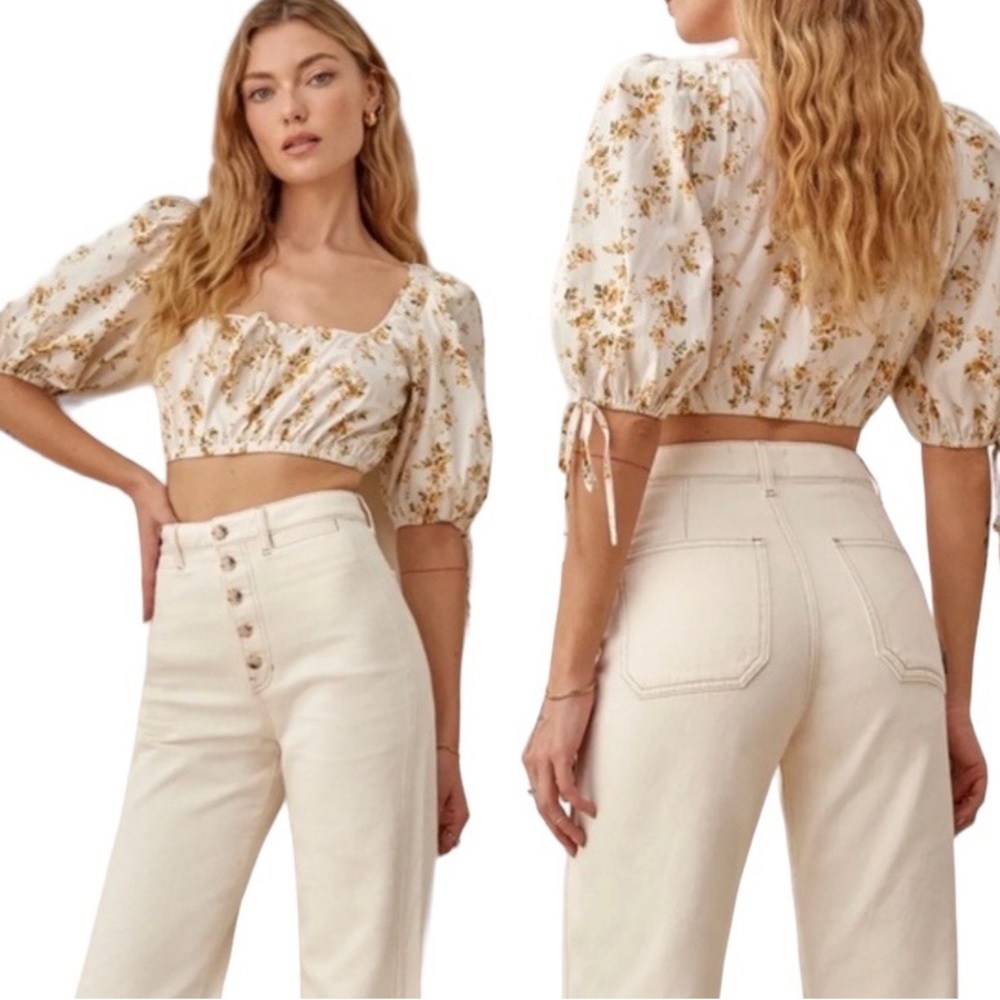 Reformation Marcellla Yellow Floral Print Poplin Puff Sleeve Crop Top - S